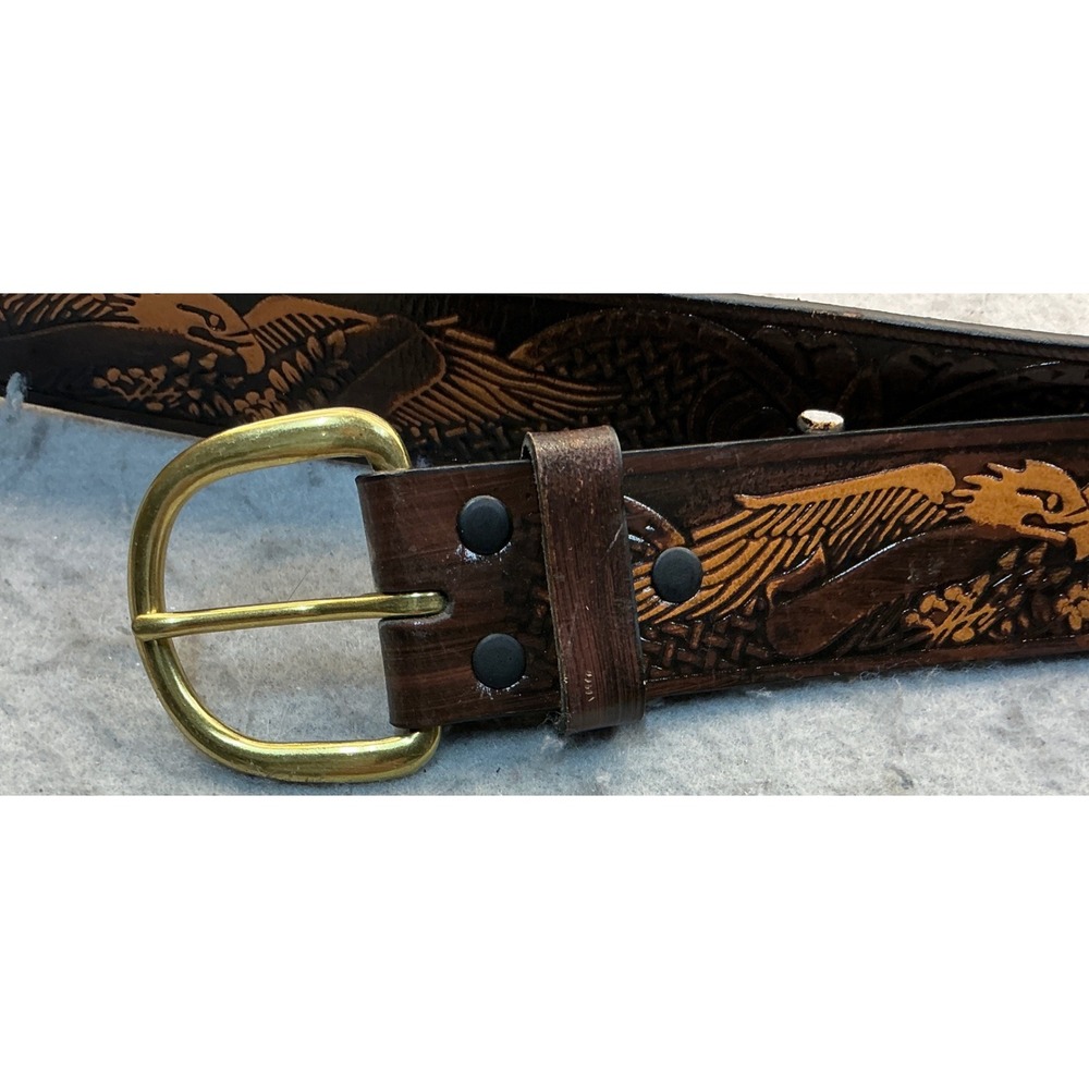Vintage Brown Leather Tooled Eagle Basketweave Belt Western Boho Unisex 44 Inch